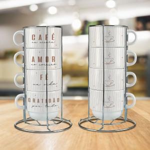 Torre de 4 xicaras com suporte 150 ml cada Porcelana Termosensível 96x150mm Preta Fosco Sublimação  